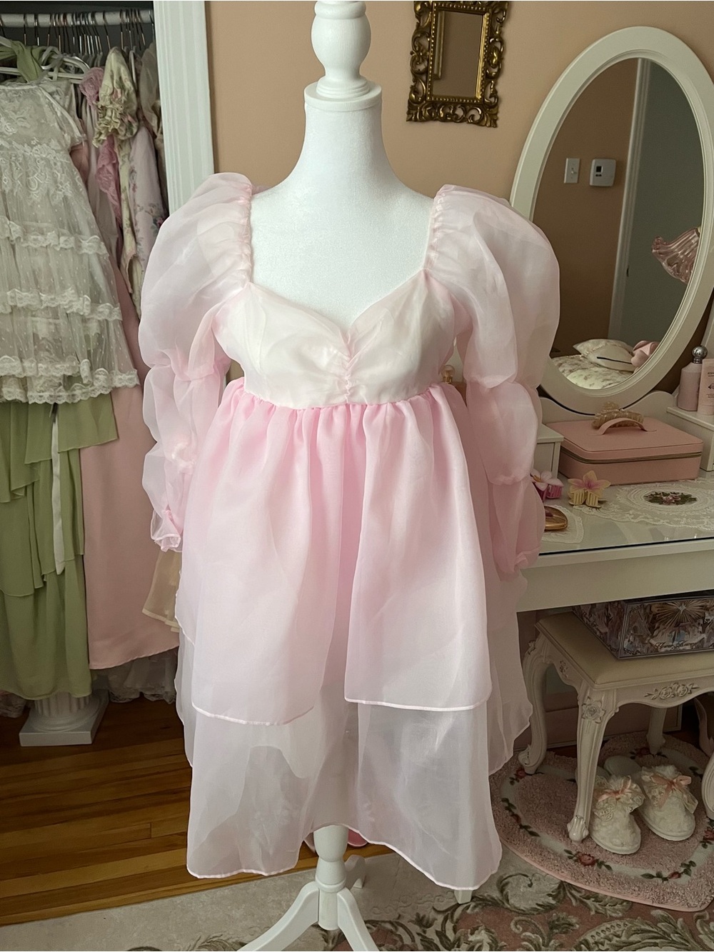 Sheer Puff-Sleeve Midi Dress in Light Pink